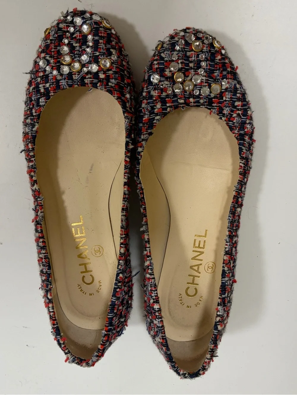 CHANEL Tweed Crystal Embellished Ballet Flats – Made in Italy – Size 37